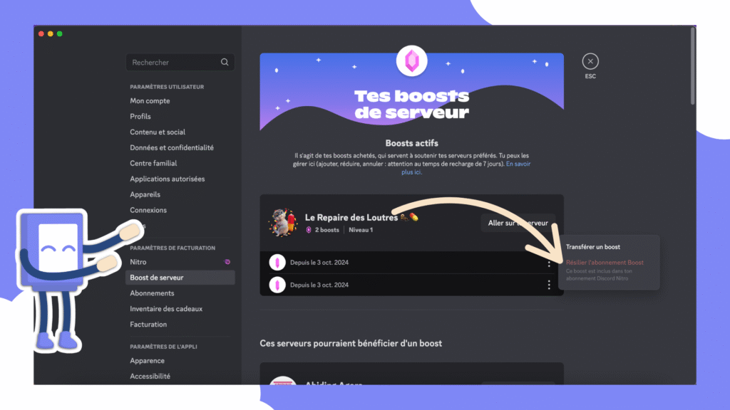 Comment annuler un boost ? Cliquez sur les 3 petits points puis sur Résilier le boost