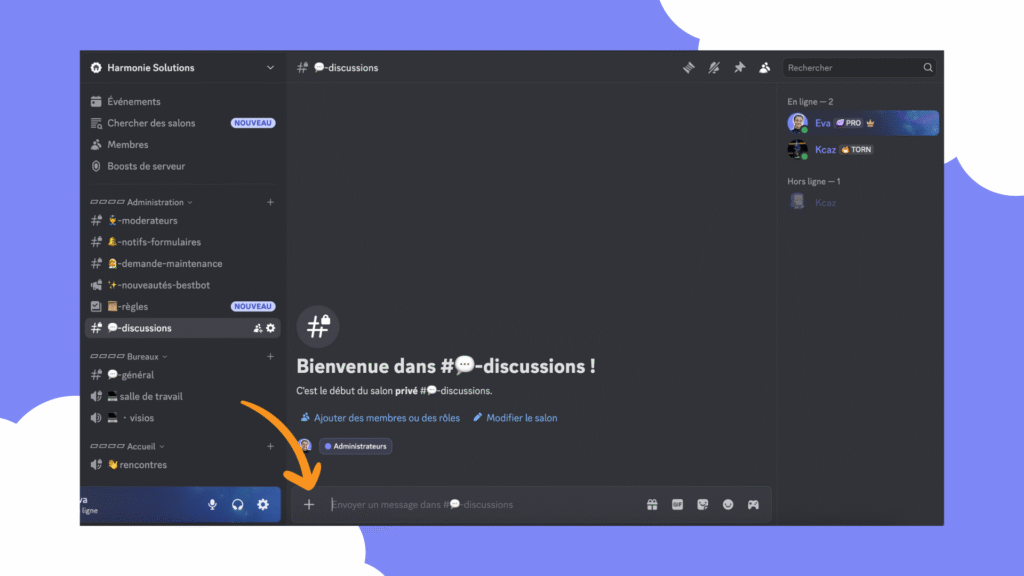 Comment créer un sondage Discord : cliquer sur le bouton "+" à gauche de la barre de texte